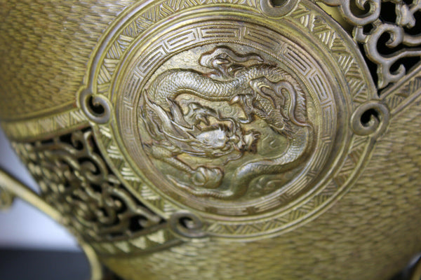 Antique chinese meiji Bronze jardiniere planter dragons heads