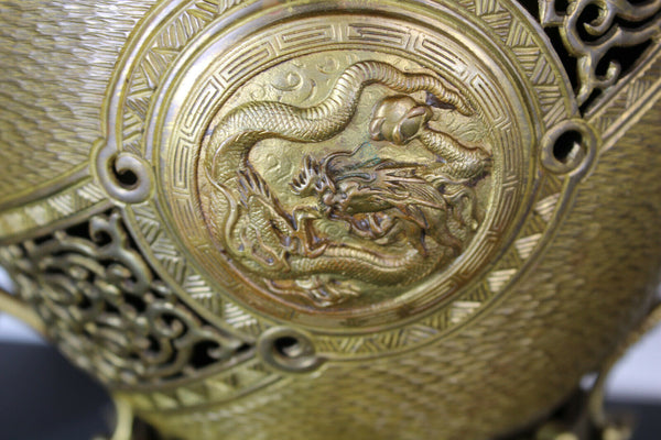 Antique chinese meiji Bronze jardiniere planter dragons heads