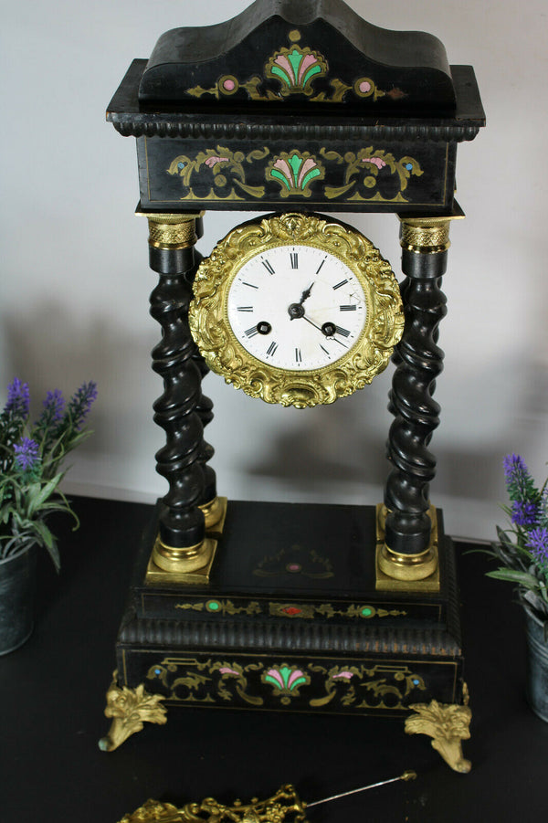 Antique French Napoleon III enamel inlay wood carved columns clock