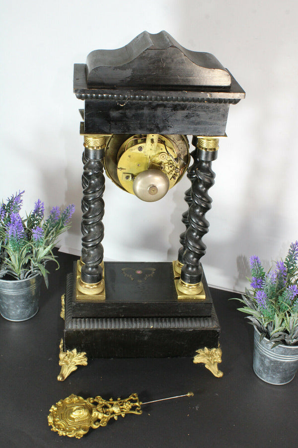 Antique French Napoleon III enamel inlay wood carved columns clock