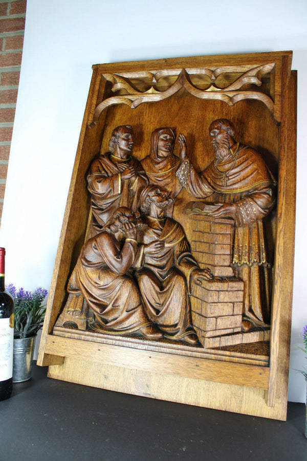 Antique church neo gothic Reredos altar piece wood carved evangelist saint  rare