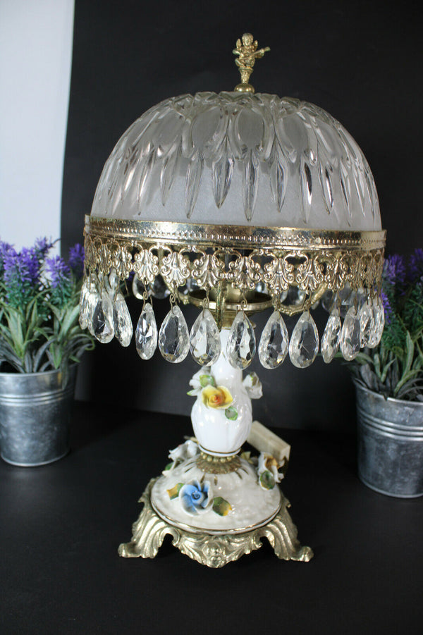 Vintage French porcelain crystal glass TAble lamp putti cherub floral 1960s