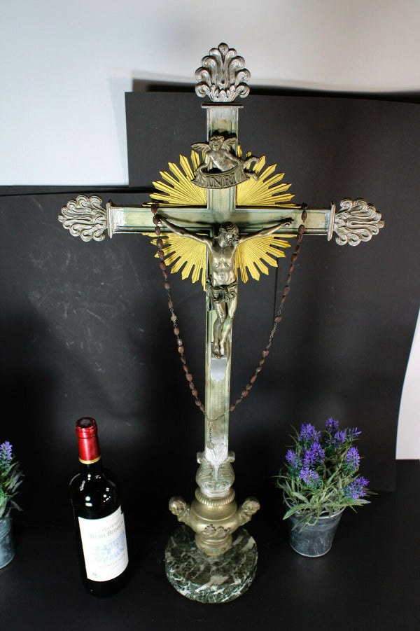 Antique XL Marble Spelter metal putti angels crucifix rare altar