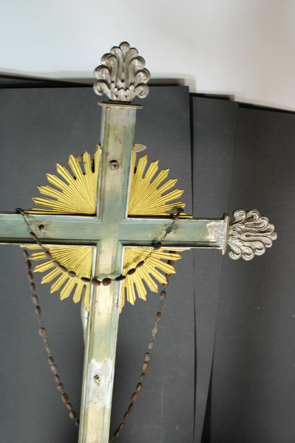 Antique XL Marble Spelter metal putti angels crucifix rare altar