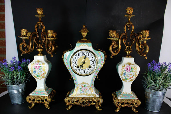 Vintage French vieux paris porcelain mantel clock set candelabras satyr heads
