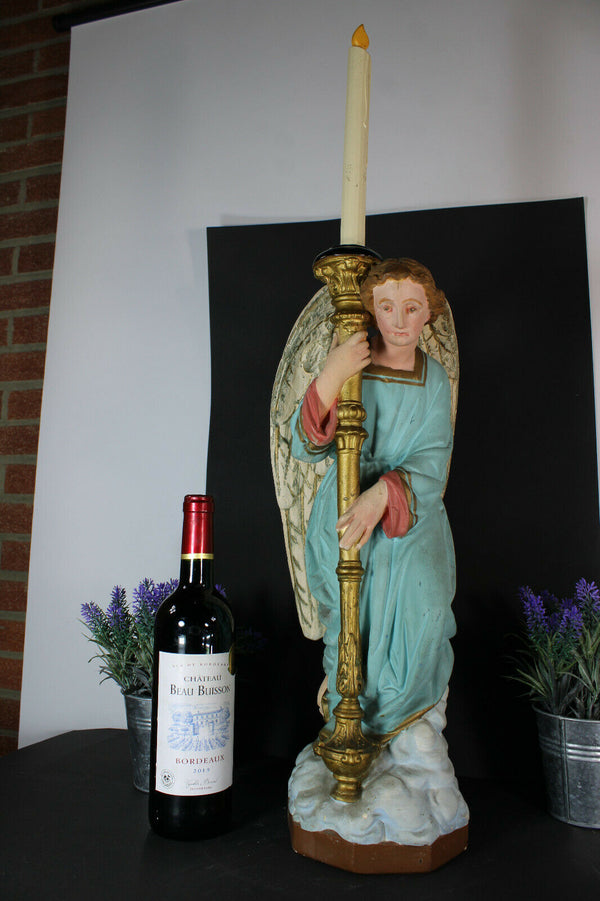 Antique XL saint archangel chalk French religious statue candle holder