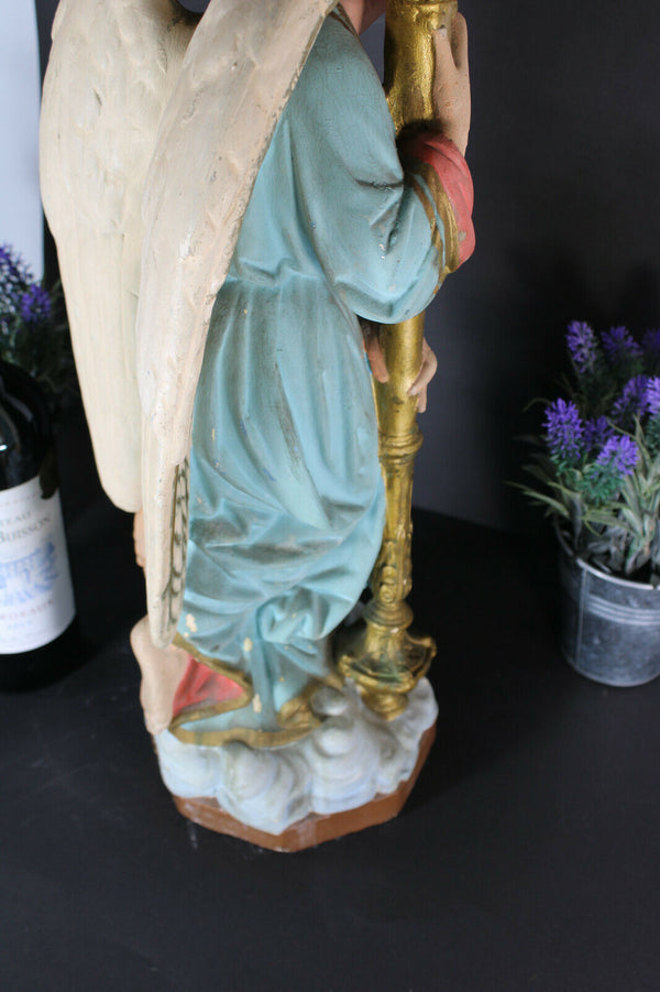 Antique XL saint archangel chalk French religious statue candle holder