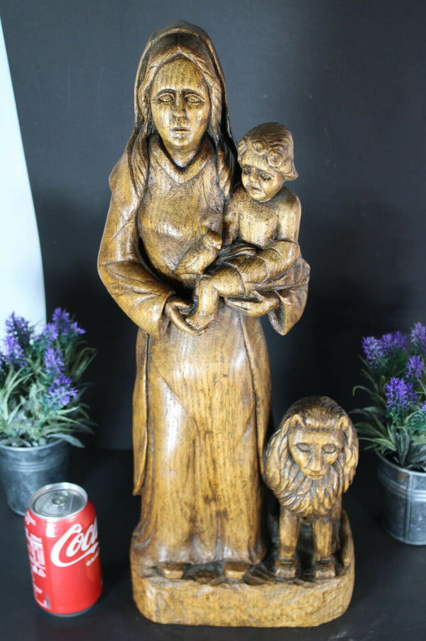 Antique rare our lady of flanders lion madonna statue wood carved