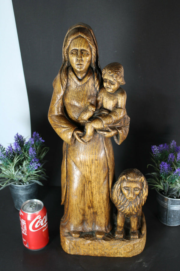 Antique rare our lady of flanders lion madonna statue wood carved