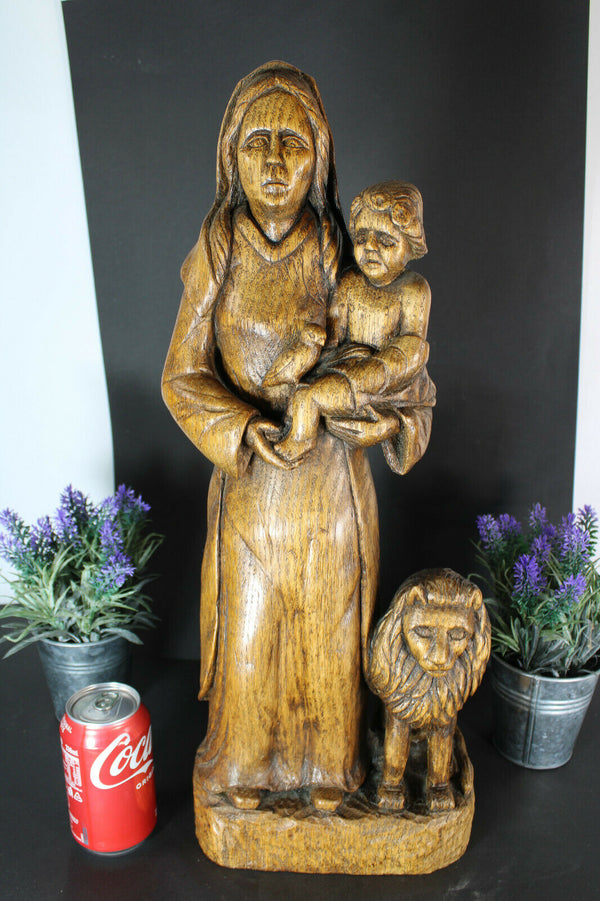 Antique rare our lady of flanders lion madonna statue wood carved