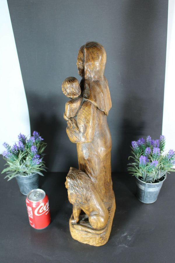 Antique rare our lady of flanders lion madonna statue wood carved