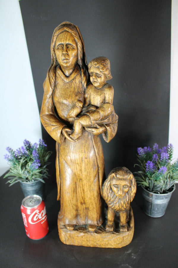 Antique rare our lady of flanders lion madonna statue wood carved