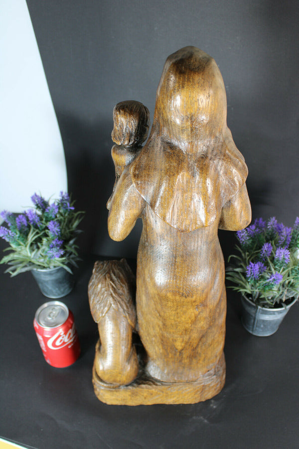 Antique rare our lady of flanders lion madonna statue wood carved