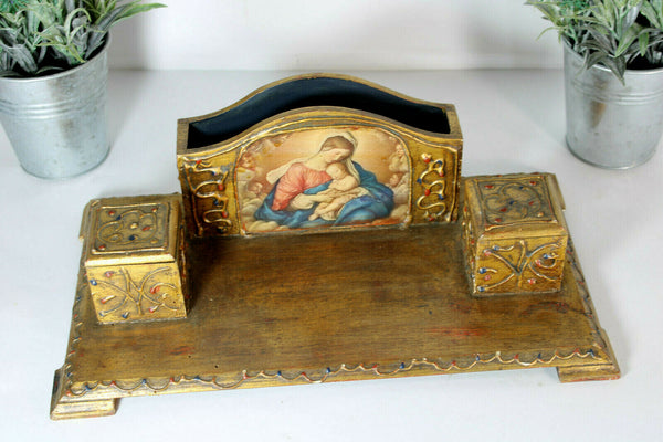 italian wood carved vintage inkwell madonna 1970 letter holder