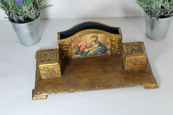 italian wood carved vintage inkwell madonna 1970 letter holder