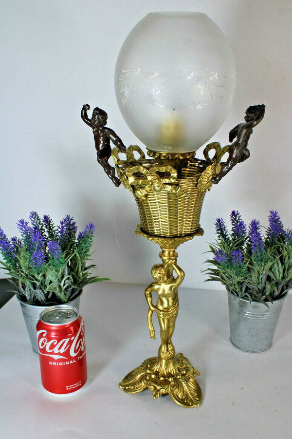 Antique French bronze brass glass putti cherub table lamp rare