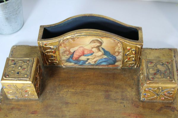 italian wood carved vintage inkwell madonna 1970 letter holder