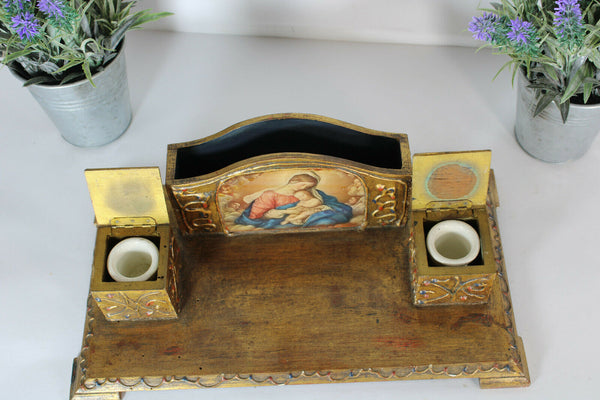 italian wood carved vintage inkwell madonna 1970 letter holder