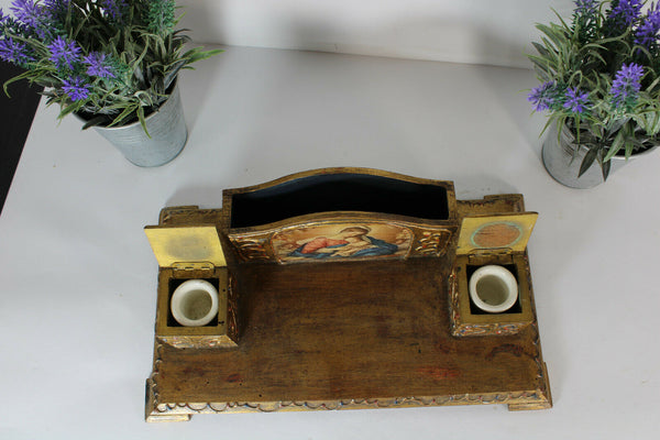 italian wood carved vintage inkwell madonna 1970 letter holder