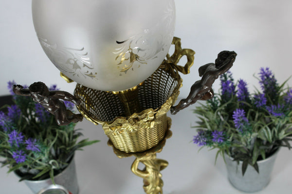 Antique French bronze brass glass putti cherub table lamp rare