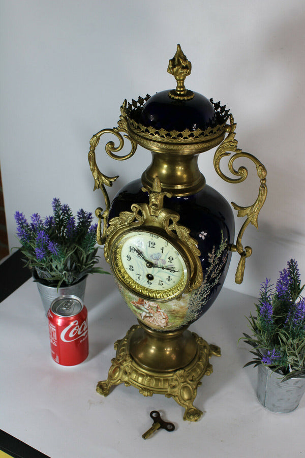 Antique French faience porcelain romantic mantel clock