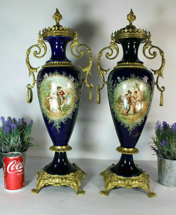 PAIR large antique porcelain faience romantic decors Brass ornament vases