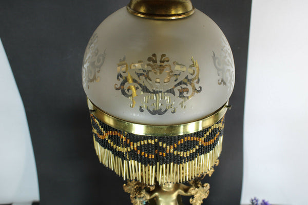 Antique bronze cherub putti table lamp glass rare