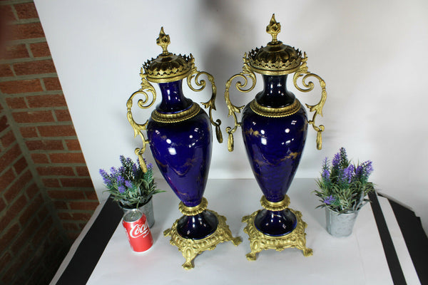 PAIR large antique porcelain faience romantic decors Brass ornament vases