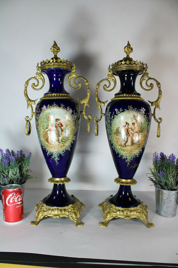 PAIR large antique porcelain faience romantic decors Brass ornament vases