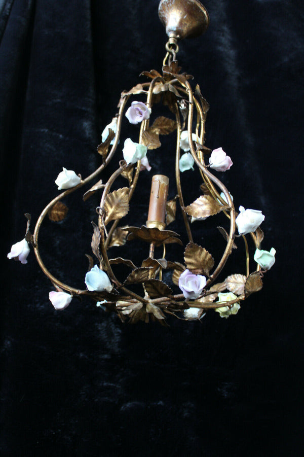 vintage italian metal gold gilt porcelain flowers multi color chandelier lamp
