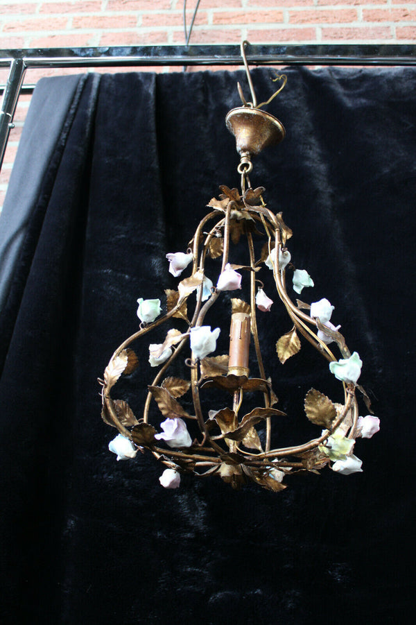 vintage italian metal gold gilt porcelain flowers multi color chandelier lamp