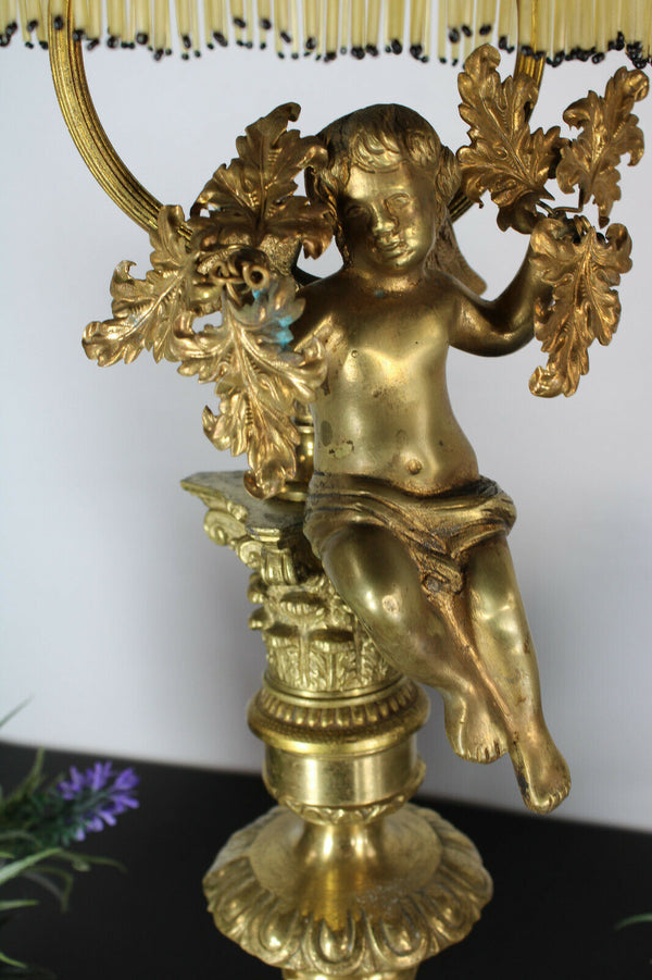 Antique bronze cherub putti table lamp glass rare