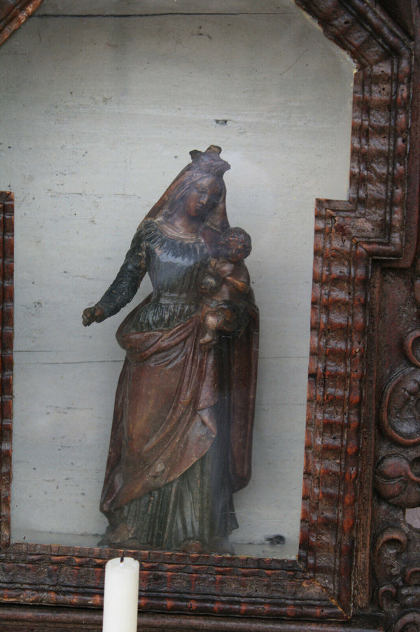 Antique XL 1800 Wood carved church wall chapel angels madonna candle holder rare