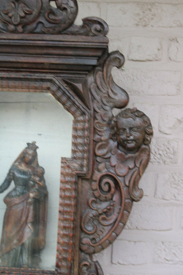 Antique XL 1800 Wood carved church wall chapel angels madonna candle holder rare