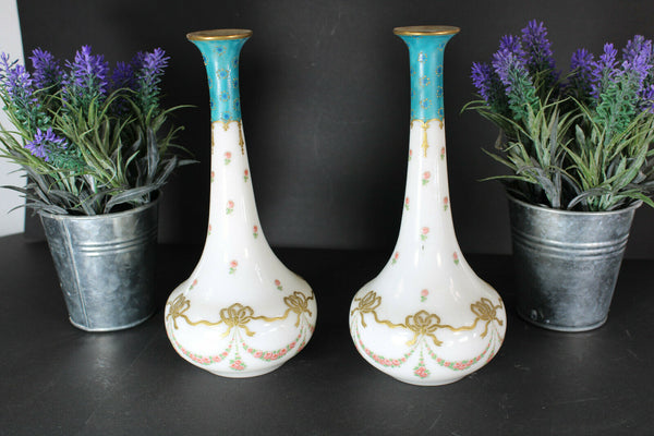 PAIR antique Glass opaline enamel floral guirlandes Vases rare 1900s