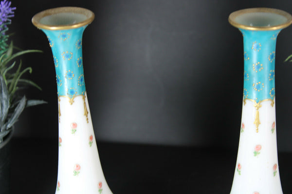 PAIR antique Glass opaline enamel floral guirlandes Vases rare 1900s