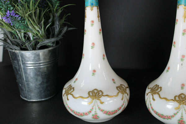 PAIR antique Glass opaline enamel floral guirlandes Vases rare 1900s