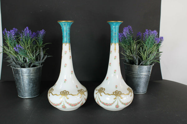 PAIR antique Glass opaline enamel floral guirlandes Vases rare 1900s