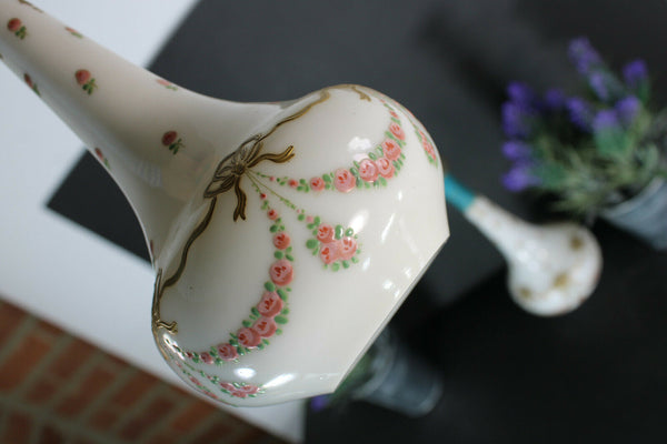 PAIR antique Glass opaline enamel floral guirlandes Vases rare 1900s