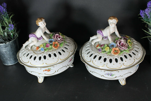 PAIR german schierholz marked german porcelain Bowls cherub putti vases rare