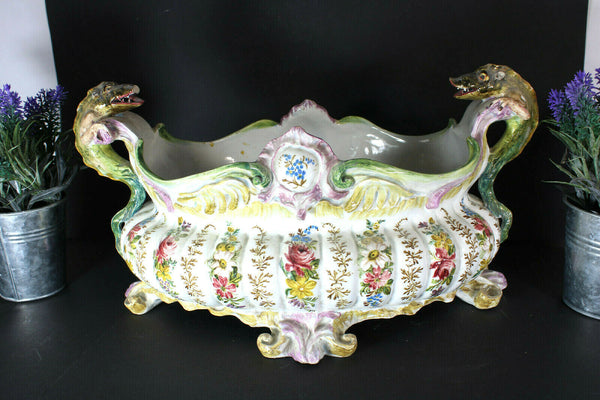 Antique french faience majolica dragons floral jardiniere planter vase rare