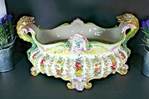 Antique french faience majolica dragons floral jardiniere planter vase rare