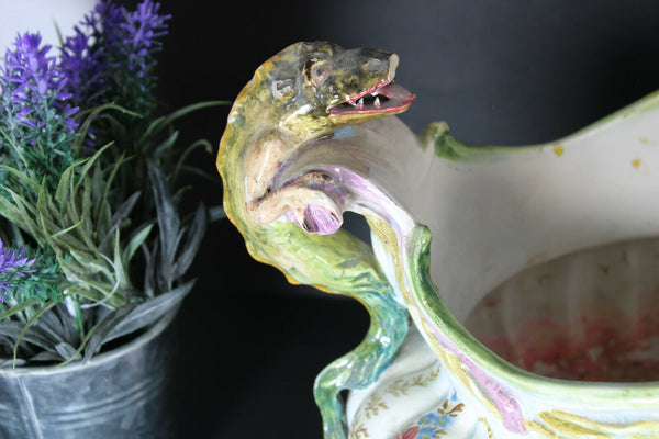 Antique french faience majolica dragons floral jardiniere planter vase rare