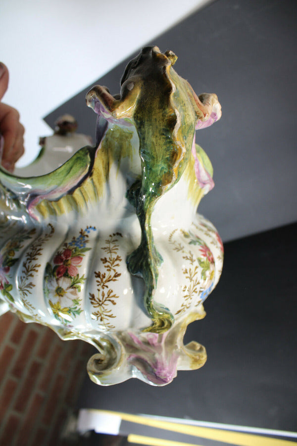 Antique french faience majolica dragons floral jardiniere planter vase rare