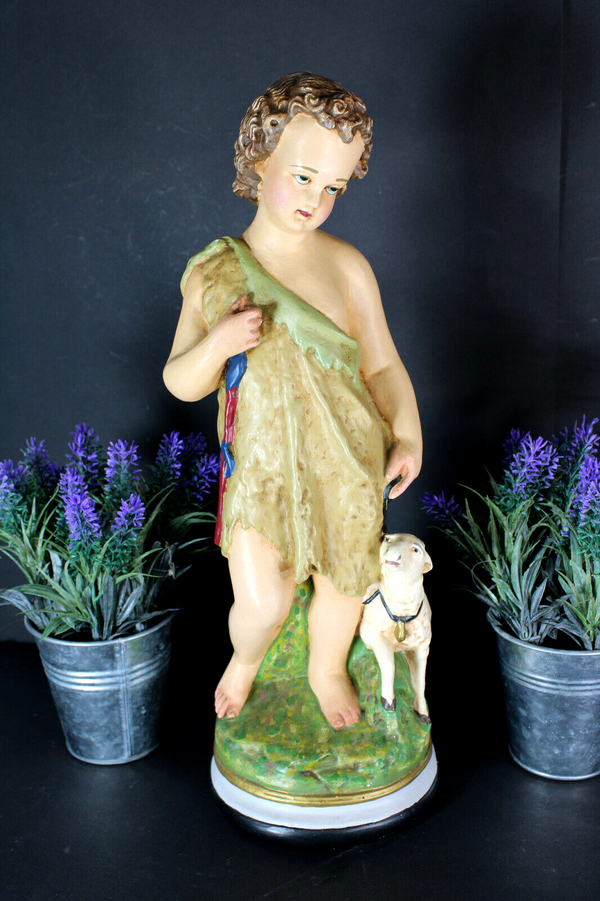 antique religious chalk statue of saint john the baptist with lamb figurine