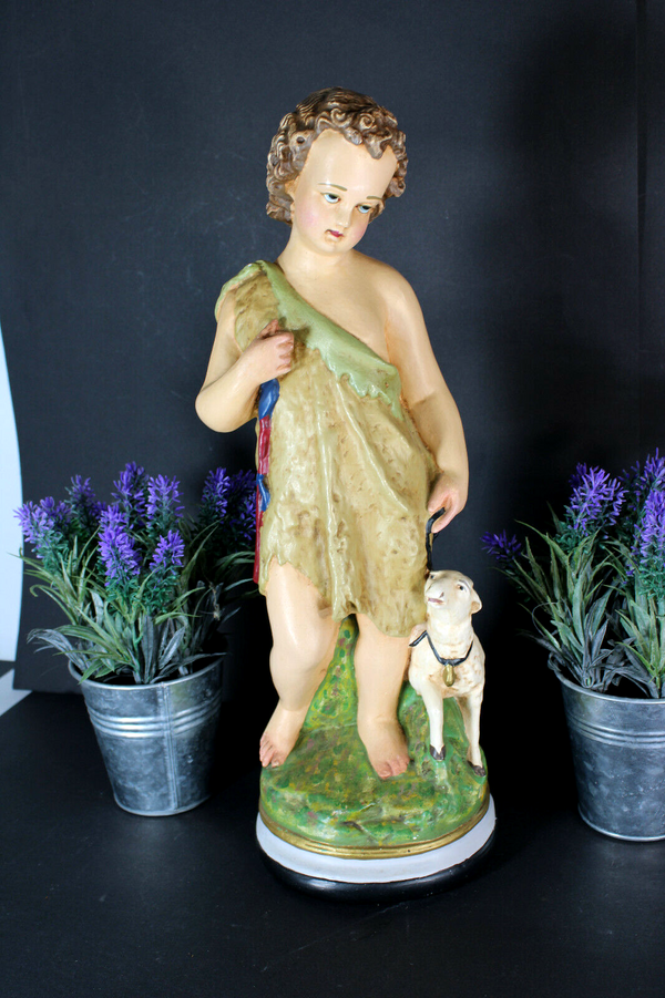 antique religious chalk statue of saint john the baptist with lamb figurine