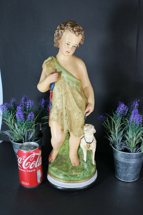 antique religious chalk statue of saint john the baptist with lamb figurine