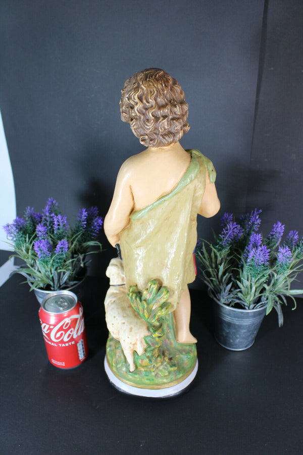 antique religious chalk statue of saint john the baptist with lamb figurine