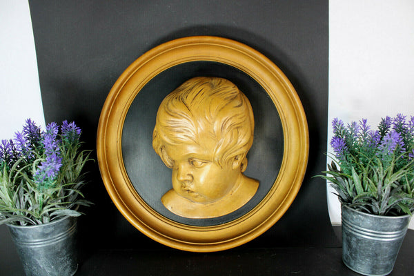 Vintage flemish wood carved medaillon putti cherub head wall panel signed