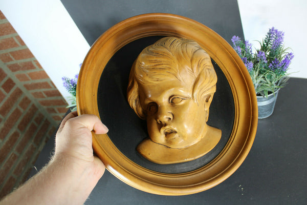 Vintage flemish wood carved medaillon putti cherub head wall panel signed